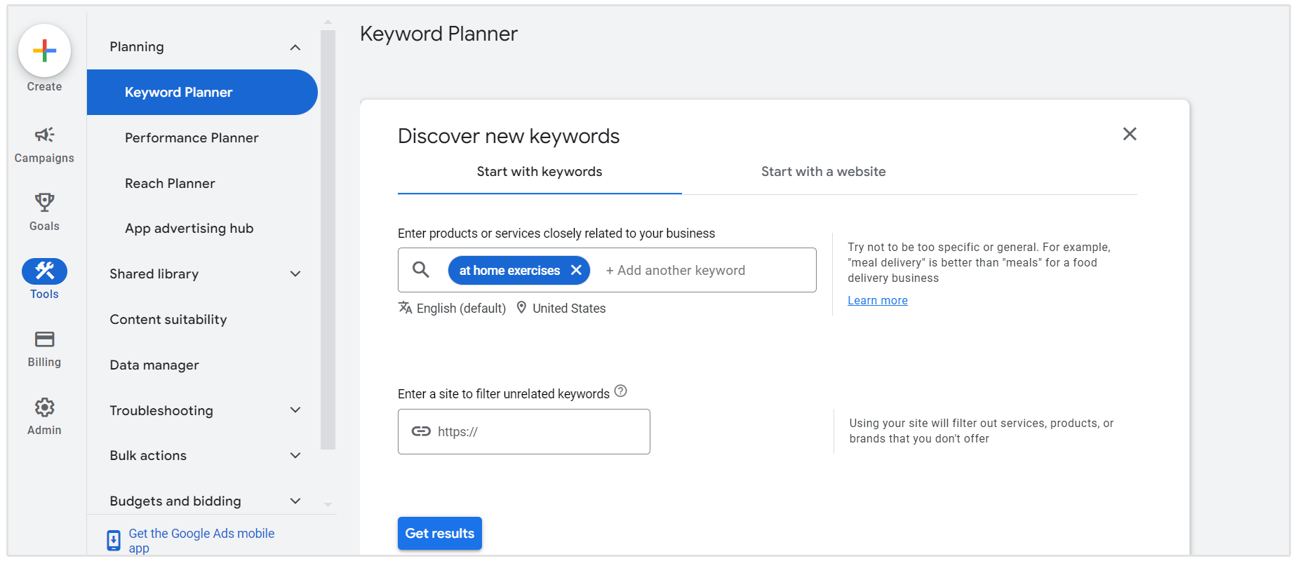 esercizi a casa google keyword planner